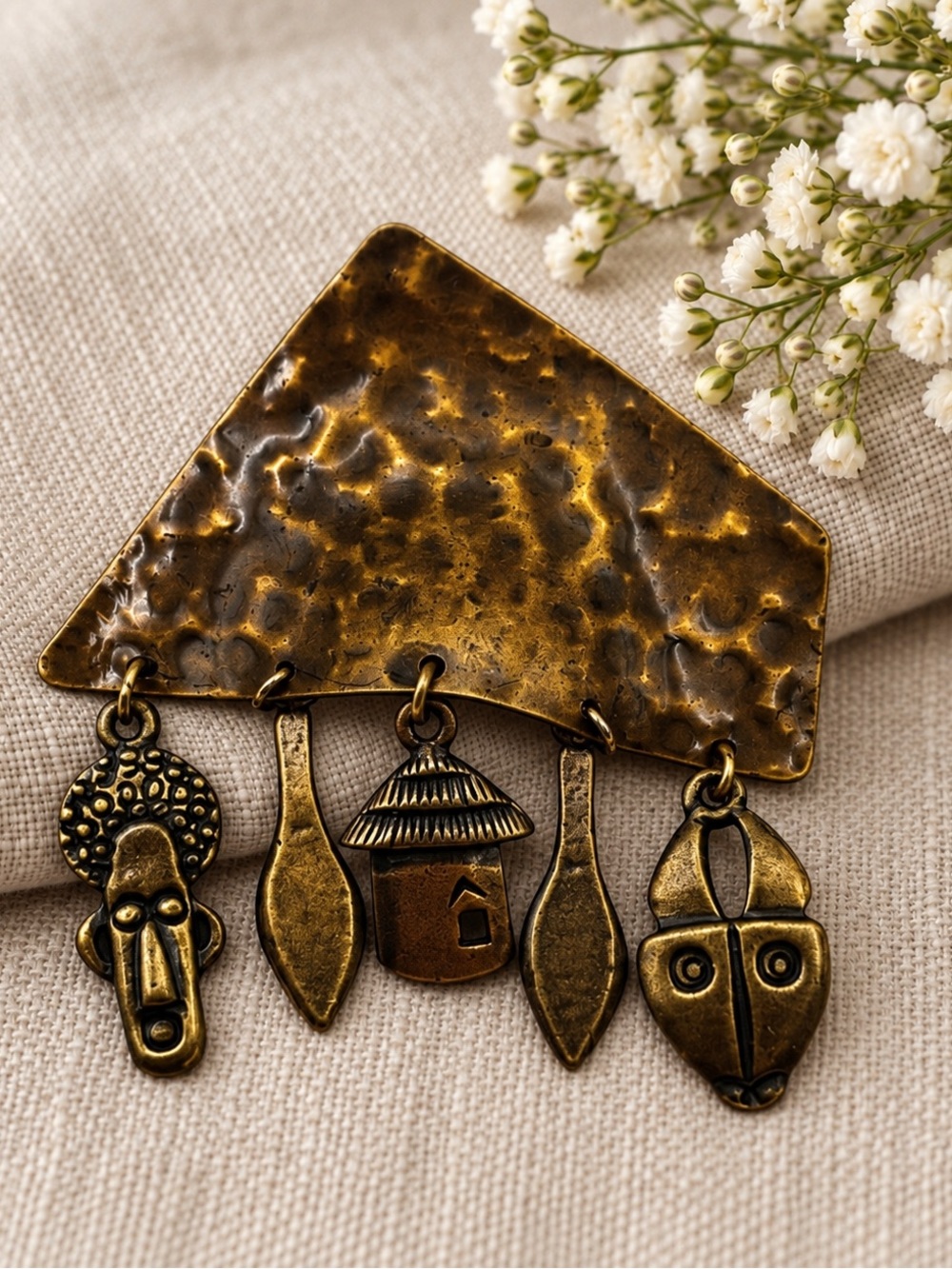 Vintage Hammered Bronze African Mask & Hut Dangle Brooch